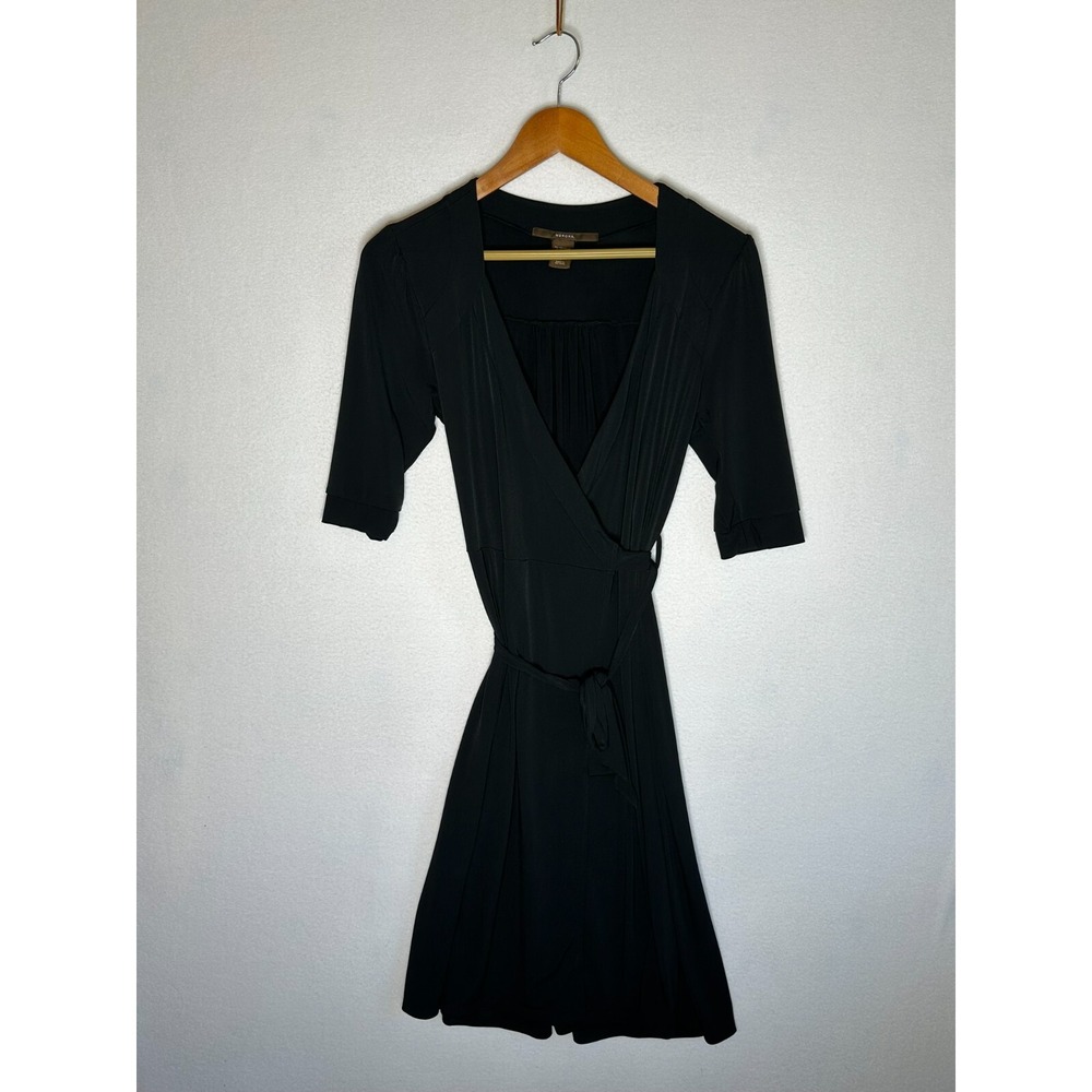MERONA Black Tied Waist Wrap Dress Womens Size Small Elbow Sleeve V-Neck